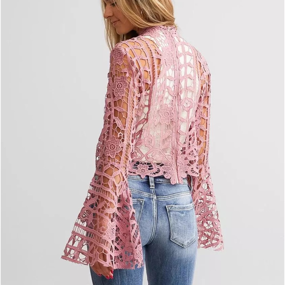 Pink Lace Bell Sleeve Top Willow & Root Crochet Mock Neck Top
Size: X-Small